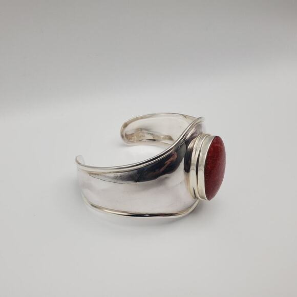 925 Sterling Silver Red Coral Southwestern Wide Cuff Bracelet 28.88 Grams - Picture 4 of 9
